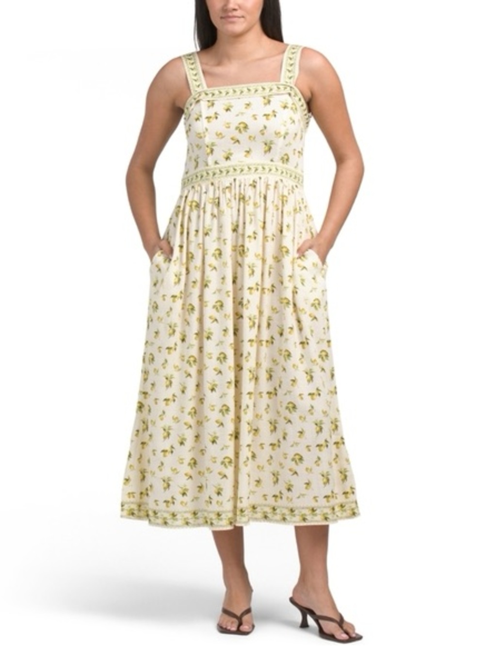 NWT Max Studio Cream Midi Dress with Lemon Details and Green Floral Trim Small